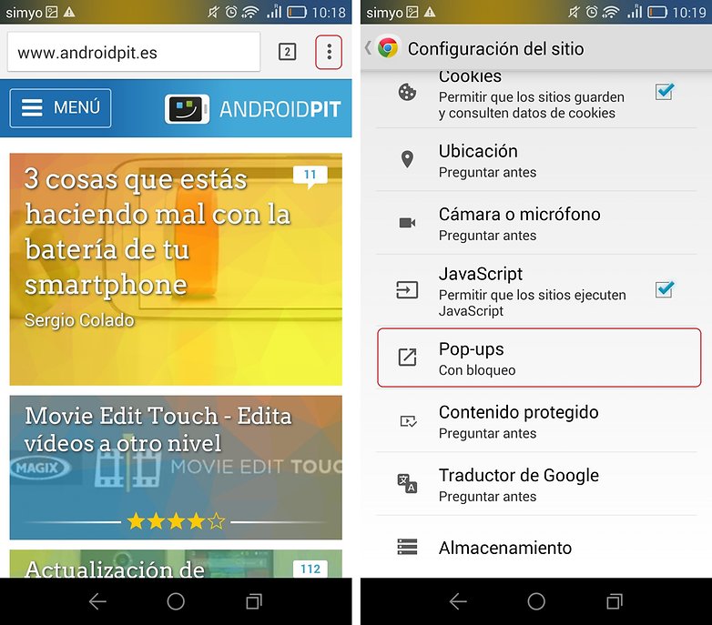 bloquear pop up chrome android