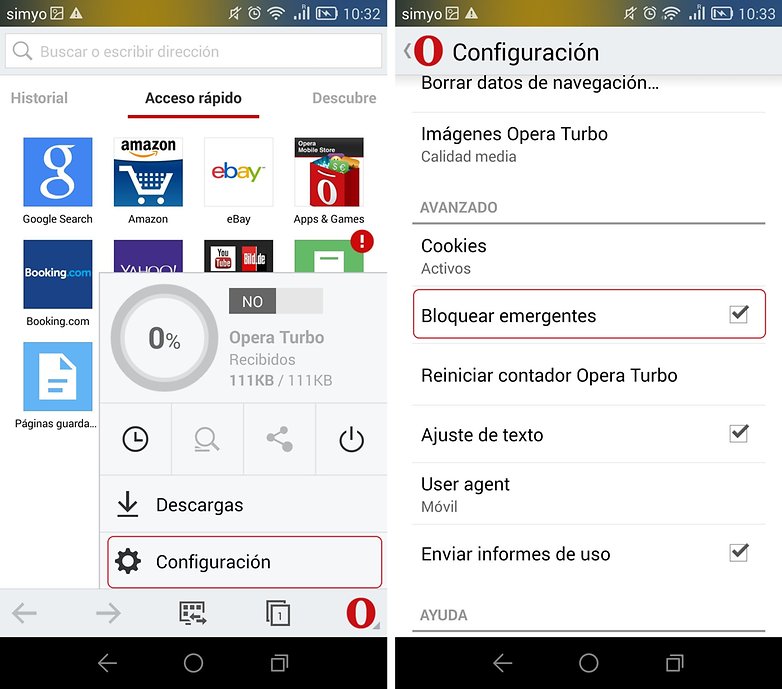 bloquear pop up opera android