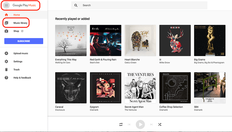 google play music browser version music library