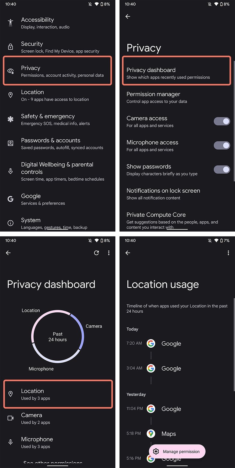 Panel ochrany osobních údajů pro Android 12
