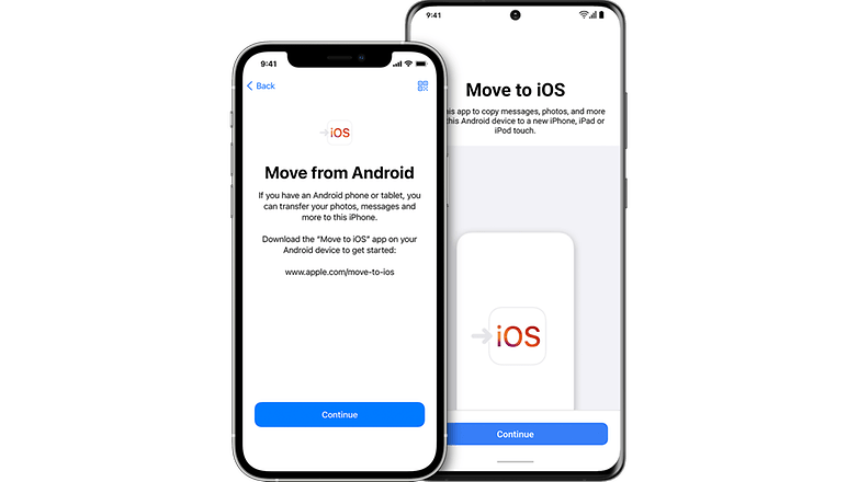 Screenshots showing the Move to iOS app home screen on iPhone and Android