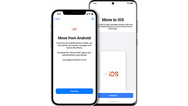 Screenshots showing the Move to iOS app home screen on iPhone and Android