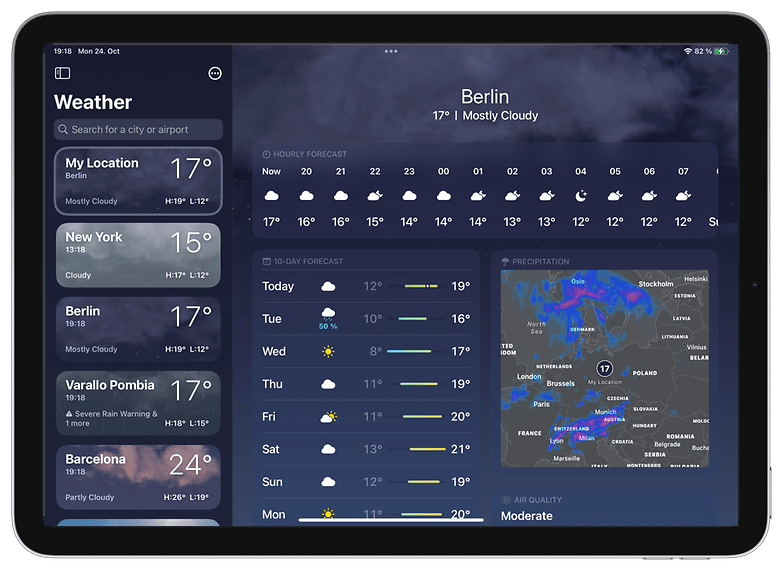 Screenshots showing how the weather app now shows more information on the iPad