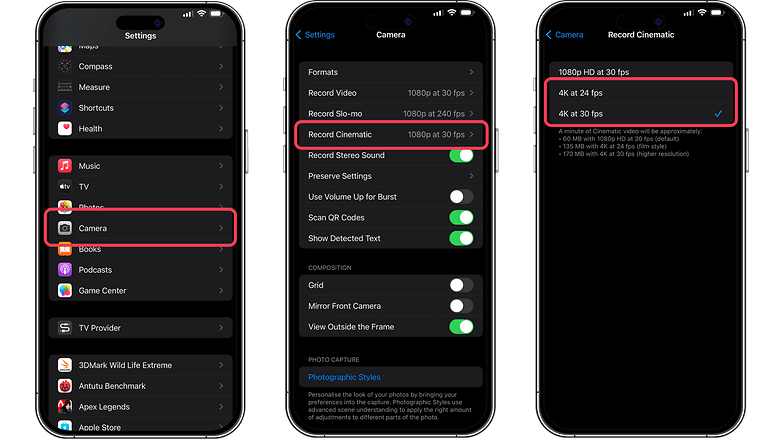 Screenshots showing how to activate 4k Cinematic videos