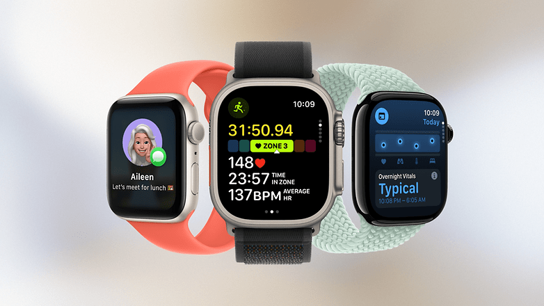 Three smartwatches displaying various notifications and health metrics.