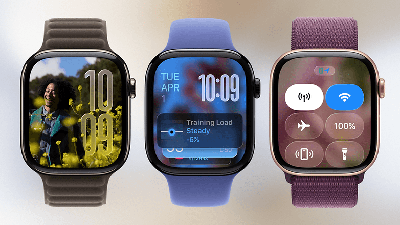 Three Apple Watch screens displaying different watch faces and features, including time and app details.