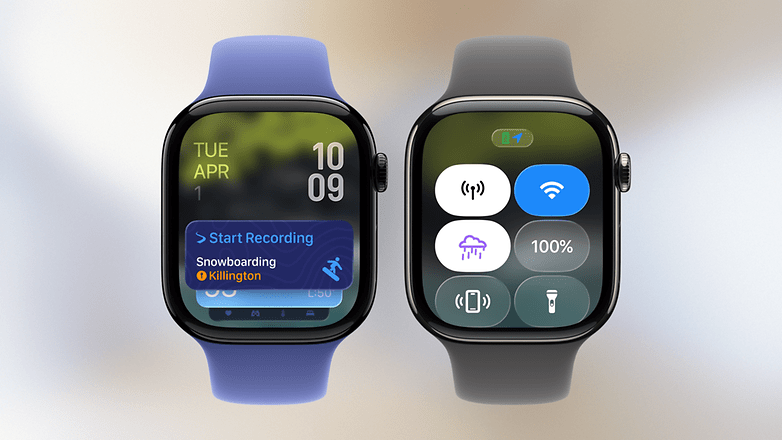 Smartwatch displaying a snowboarding activity with options to start recording and connectivity settings.