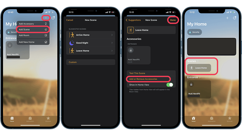 Screenshots showing how to add a scene to the Home app