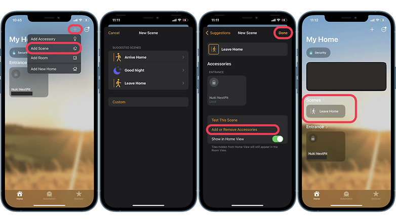 Képernyőképek, amelyek bemutatják, hogyan adhat hozzá jelenetet a Home alkalmazáshoz