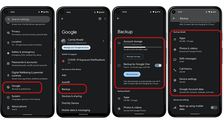 Screenshots showing how to backup data with Google One