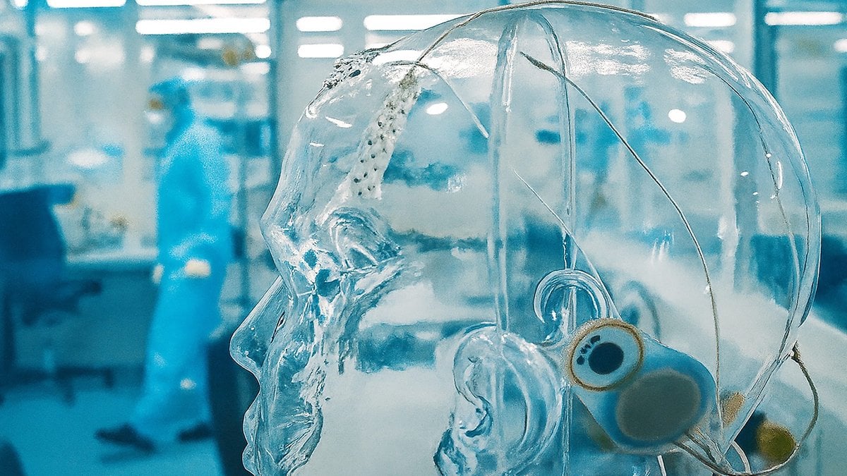 Un modèle de tête humaine transparente avec des fils et des capteurs dans un laboratoire, avec une personne en tenue de protection en arrière-plan.
