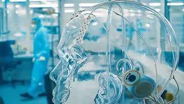 A transparent human head model with wires and sensors in a lab, with a person in protective gear in the background.