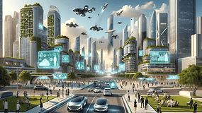 An image representing a glimpse into the year 2024, showcasing a futuristic cityscape with advanced technology and architecture, including flying cars, interconnected skyscrapers with green rooftops, and people interacting with holographic displays.