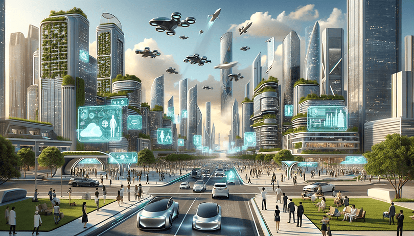 DALLE futuristic cityscape in 2024 showcasing advanced technology and architecture