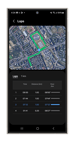 Application Samsung Health montrant les temps de tour et la distance sur une carte.