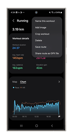 Application Samsung Health affichant les détails d'un entraînement de course, y compris la durée, la distance et un graphique de rythme.