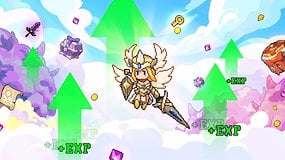 A pixel art character in armor with wings, surrounded by experience points and treasure icons in a colorful sky.