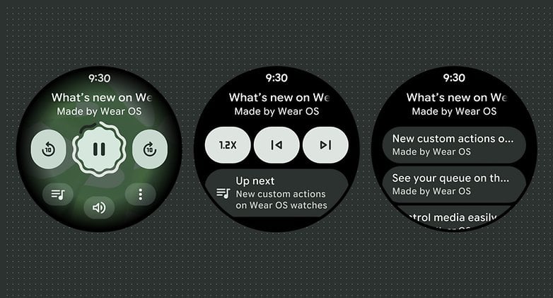 Interface Wear OS mostrando controles de mídia e novas funcionalidades. Interface Wear OS mostrando controles de mídia e novas funcionalidades.
