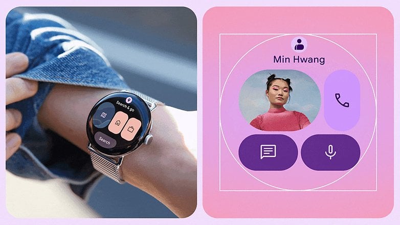 Uma mão usando um smartwatch mostrando uma interface de busca, ao lado de uma foto de perfil de Min Hwang. Uma mão usando um smartwatch mostrando uma interface de busca, ao lado de uma foto de perfil de Min Hwang.