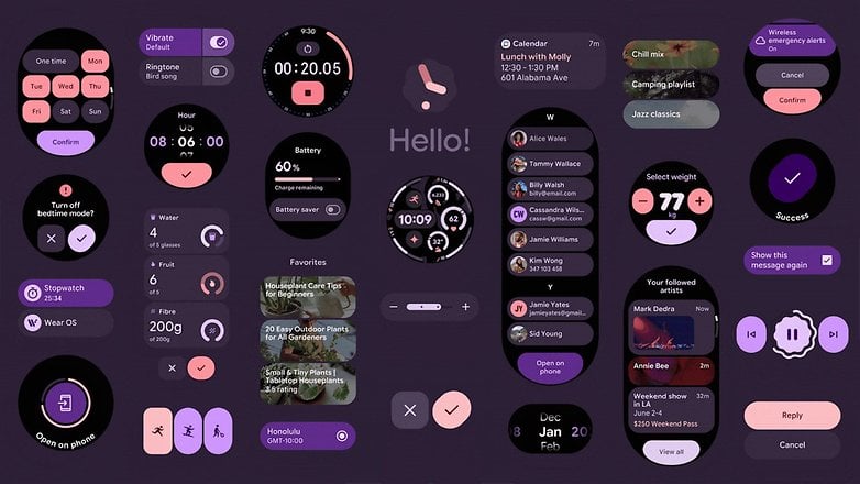 User interface design with various widgets, including calendar, battery status, and fitness tracking.