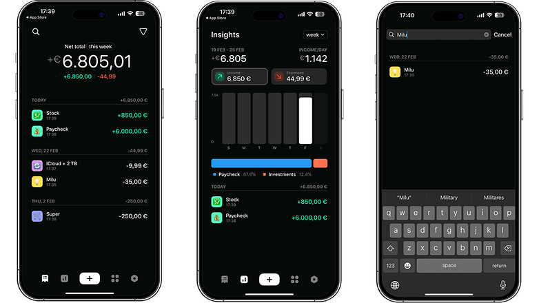 Screenshots showing the user interface of the app Dime for iOS.