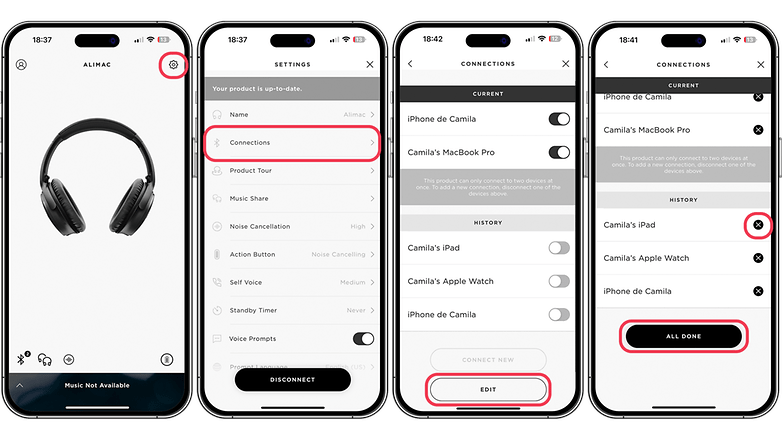 Screenshots showing how to remove devices paired with Bose's app