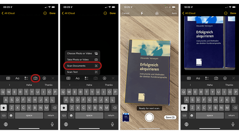 Screenshots displaying how to scan a document on Notes app