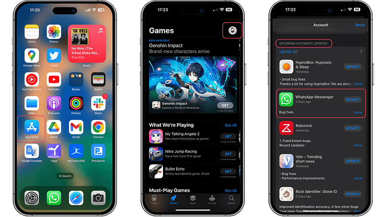 Képernyőképek, amelyek a WhatsApp alkalmazás frissítésének útját mutatják iOS rendszeren