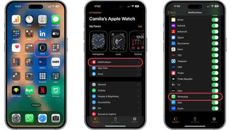 Screenshots showing the path to activate WhatsApp notifications on Apple Watch