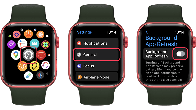 Screenshots showing the settings one can change to prolong battery life on Apple Watches