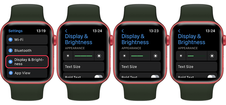 Snímky obrazovky zobrazující nastavení, která lze změnit, aby se prodloužila výdrž baterie na Apple Watch