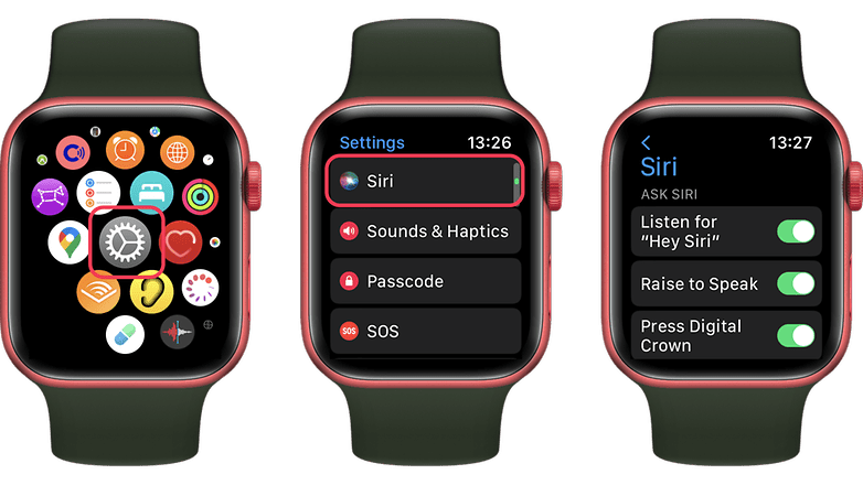 Snímky obrazovky zobrazující nastavení, která lze změnit, aby se prodloužila výdrž baterie na Apple Watch