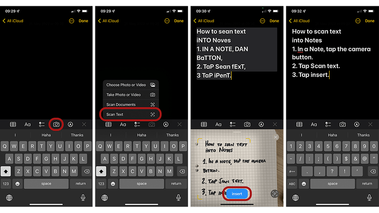 Képernyőképek, amelyek bemutatják, hogyan kell beolvasni egy szöveget a Notes alkalmazásban
