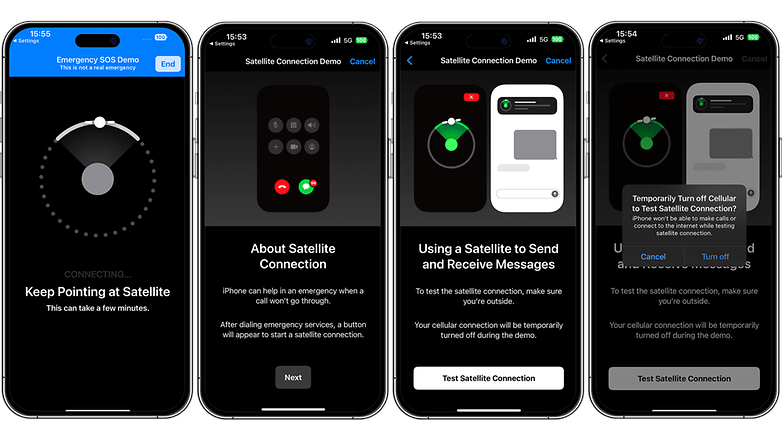 Screenshots on how to use the Emergency SOS via Satellite feature on an iPhone 14 Pro
