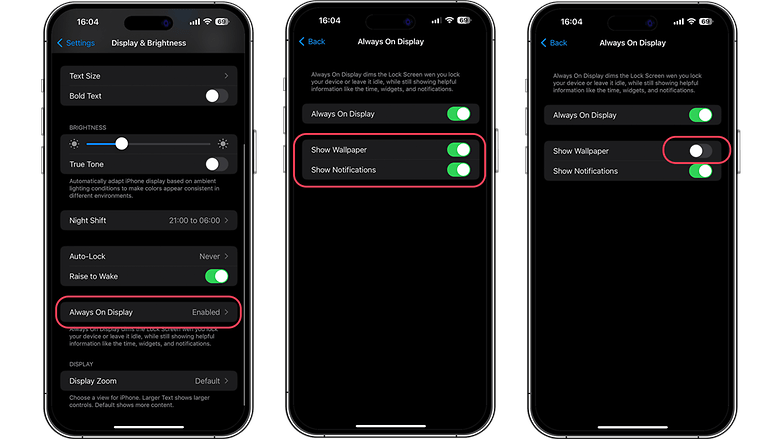 Capturas de pantalla que muestran cómo configurar Always-On-Display en iOS 16