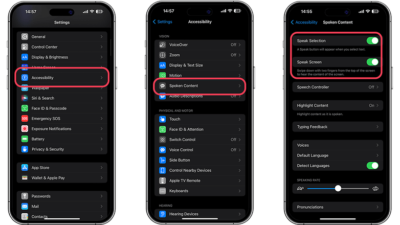 Screenshots showing the steps to set up the Spoken Content feature on the iPhone by accessing the Accessibility options.