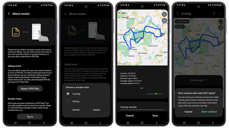 Screenshots showing how to upload Routes to the Galaxy Watch 5 Pro using GPX format