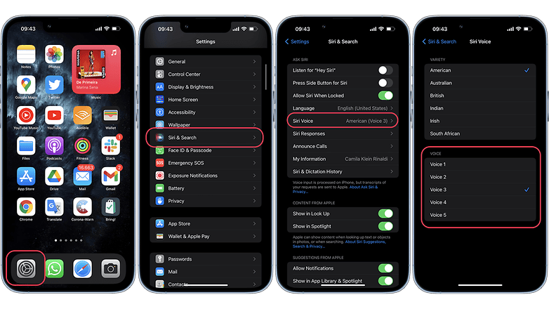 Screenshots showing hot to change Siri's voice