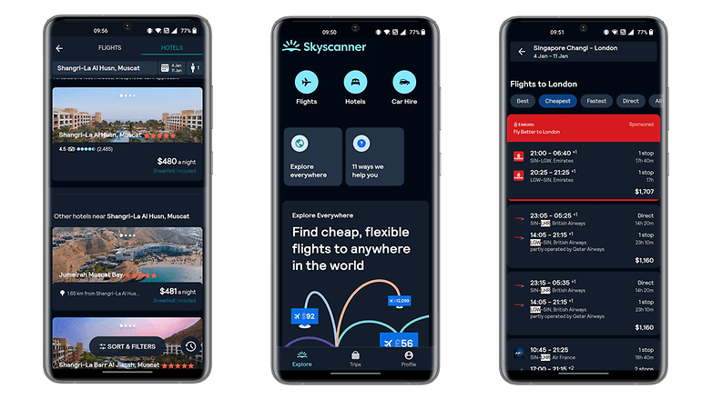 Capturas de pantalla que muestran cómo usar la aplicación Skyscanner.