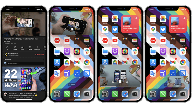 Screenshots showing the YouTube PiP mode working on an iPhone