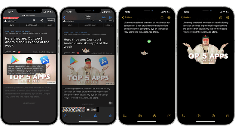 Screenshots showing how to drag and drop elements among apps on iOS