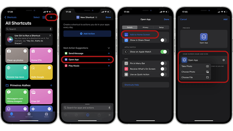 Capturas de pantalla que muestran cómo personalizar íconos de aplicaciones en iOS usando la aplicación Shortcut