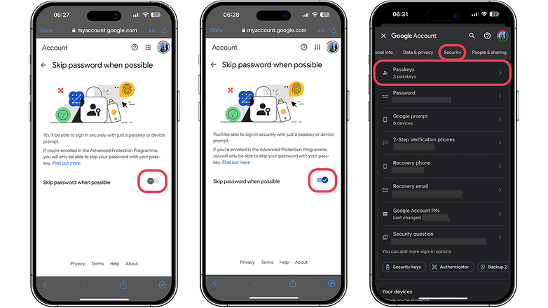 Screenshots showing how to set up passkey in to Google's accounts and apps.