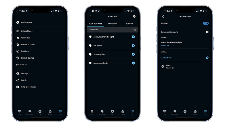 Screenshots showing how to use Alexa's routines