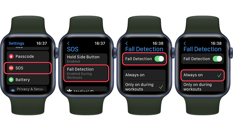 Képernyőképek, amelyek bemutatják, hogyan lehet bekapcsolni az esésérzékelő funkciót az Apple Watchon