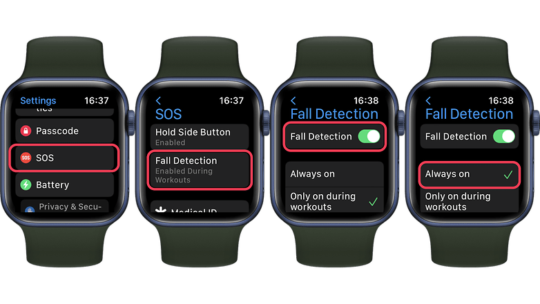 Skärmdumpar som visar hur du aktiverar falldetekteringsfunktionen på en Apple Watch