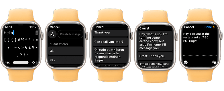 Tangkapan skrin pada Apple Watch menunjukkan cara membalas mesej