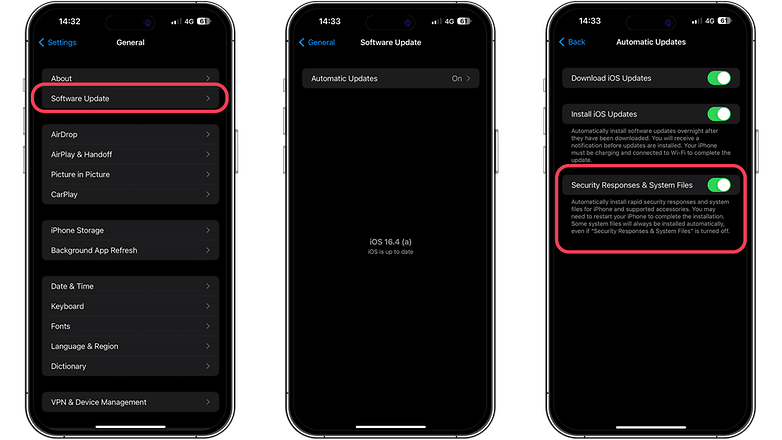 Tangkapan skrin menunjukkan kawasan Keselamatan dan Respons iOS 16.4 A