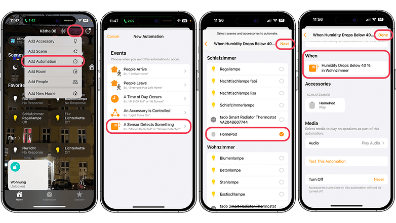 Screenshots displaying how to create a Humidity Automation on Apple's HomePod speaker