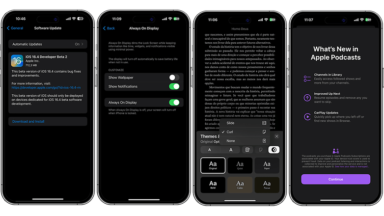 Screenshots displaying the new features of iOS 16.4 beta update: Settings, Apple Books and Apple Podcast